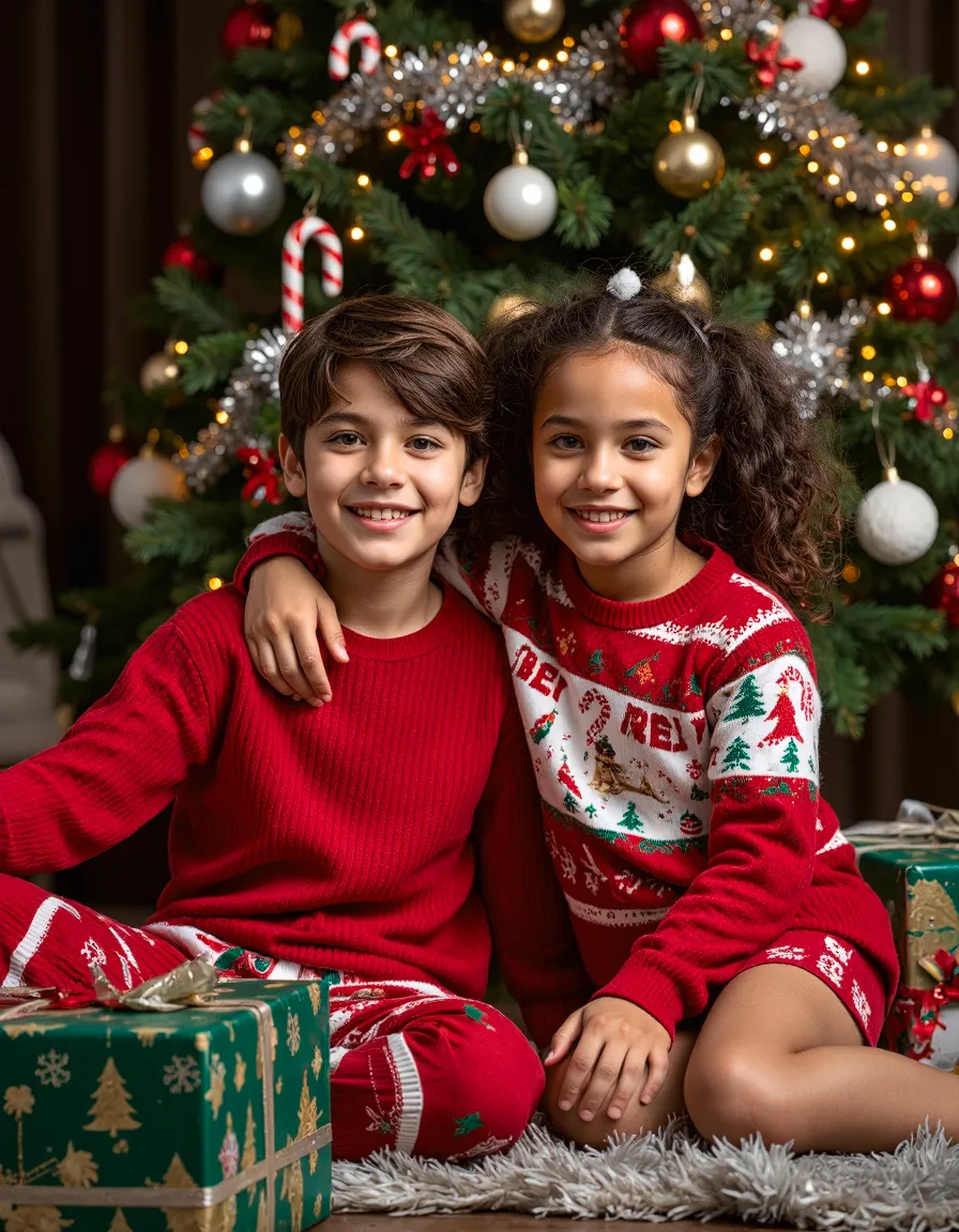 Two children in red holiday pajamas smiling in front of decorated Christmas tree with presents and twinkling lights