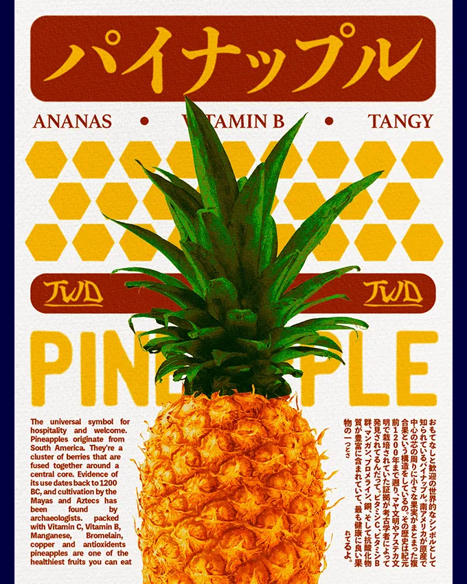 Fruit Series Pineapple poster: illustrated pineapple with honeycomb pattern, South America origin, red and gold typography