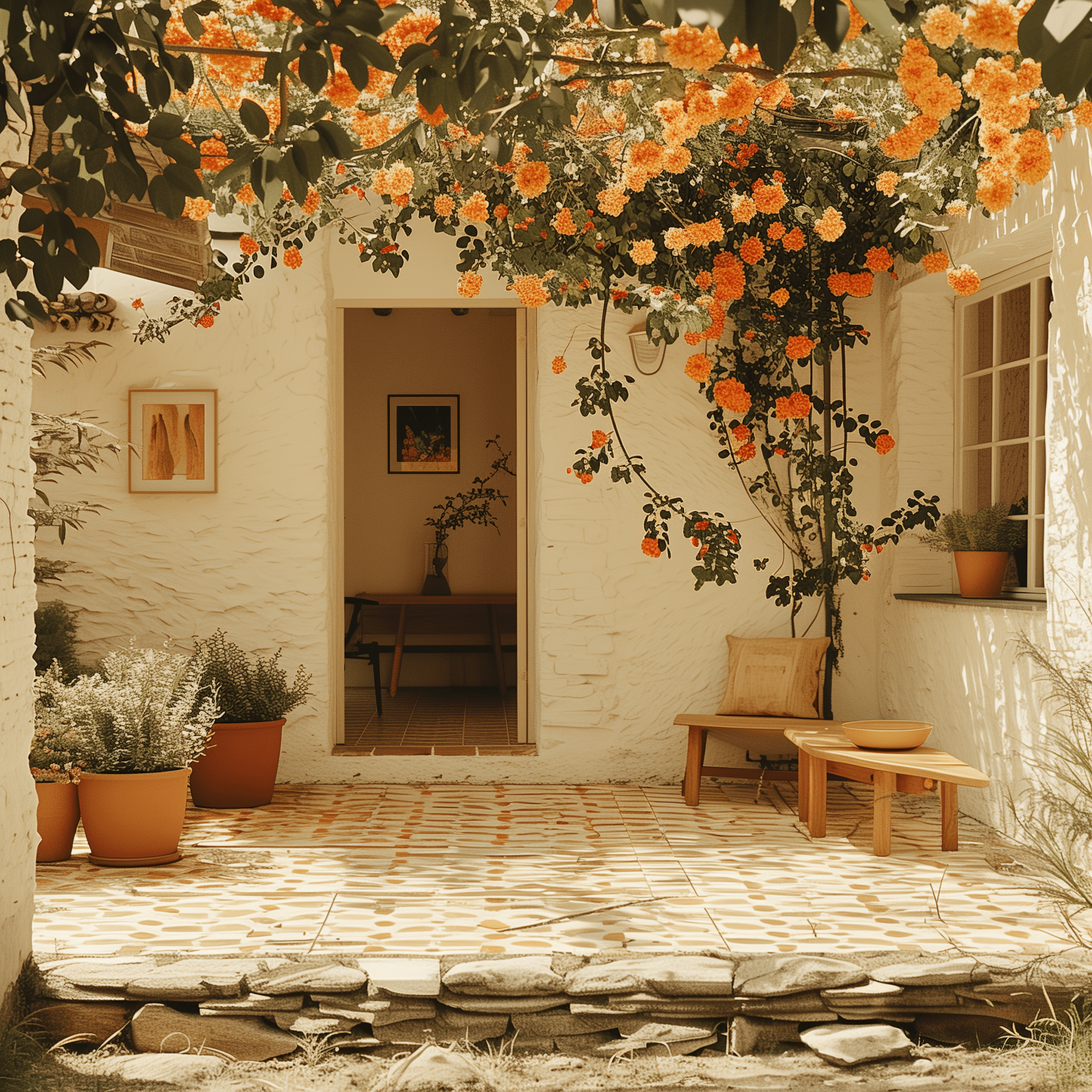 Charming Spanish courtyard with white stucco walls, vibrant orange bougainvillea overhead, terracotta planters, wooden bench, patterned tile flooring, and warm afternoon light