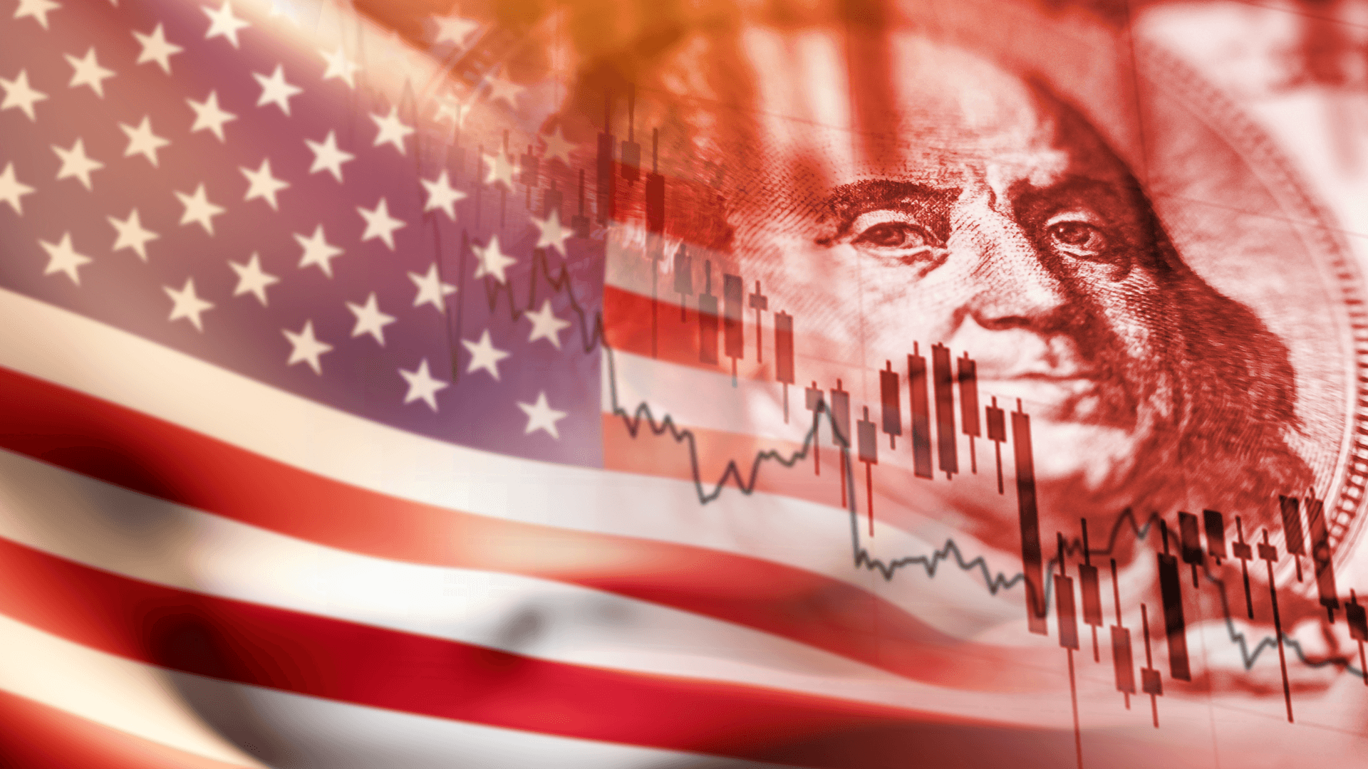 US flag with a dollar symbol in the upper right corner, depicting a falling candlestick chart signaling a downgrade in the U.S. credit rating.