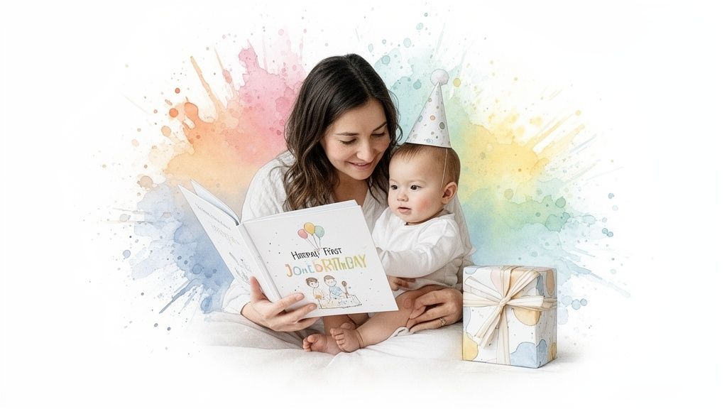Mother reads a 'Happy First Joint Birthday' book to her baby wearing a party hat, with a gift.