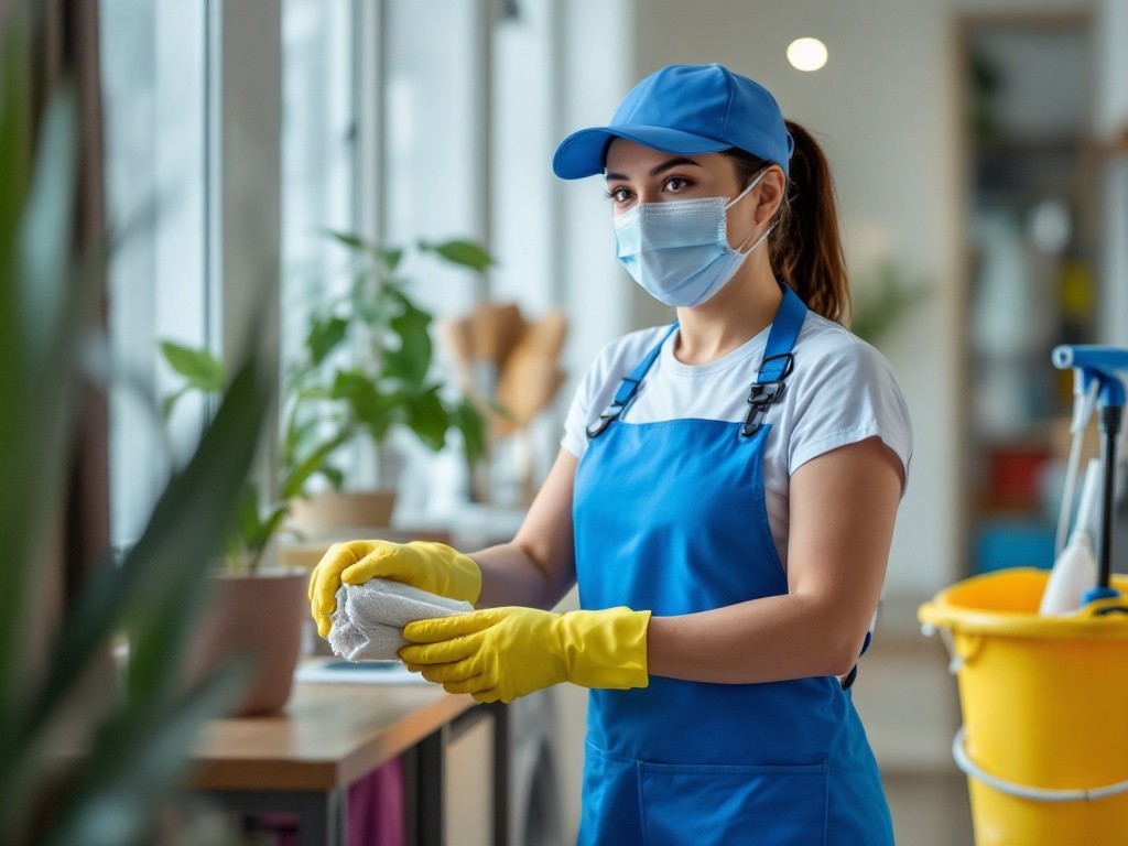 A cleaning lady wearing a facemask and gloves is cleaning a window.