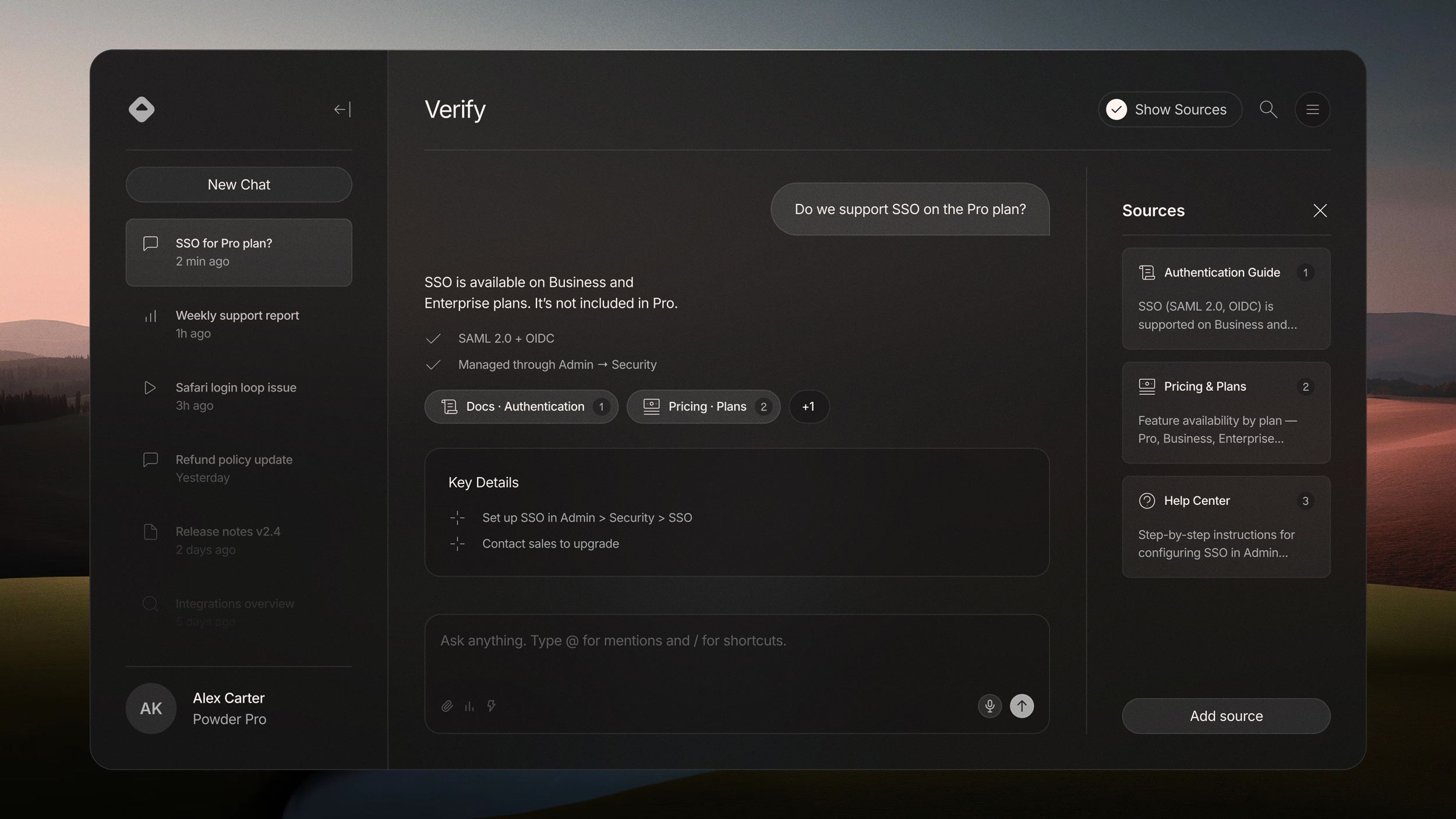 AI response about SSO plan availability with source citations panel showing referenced docs.