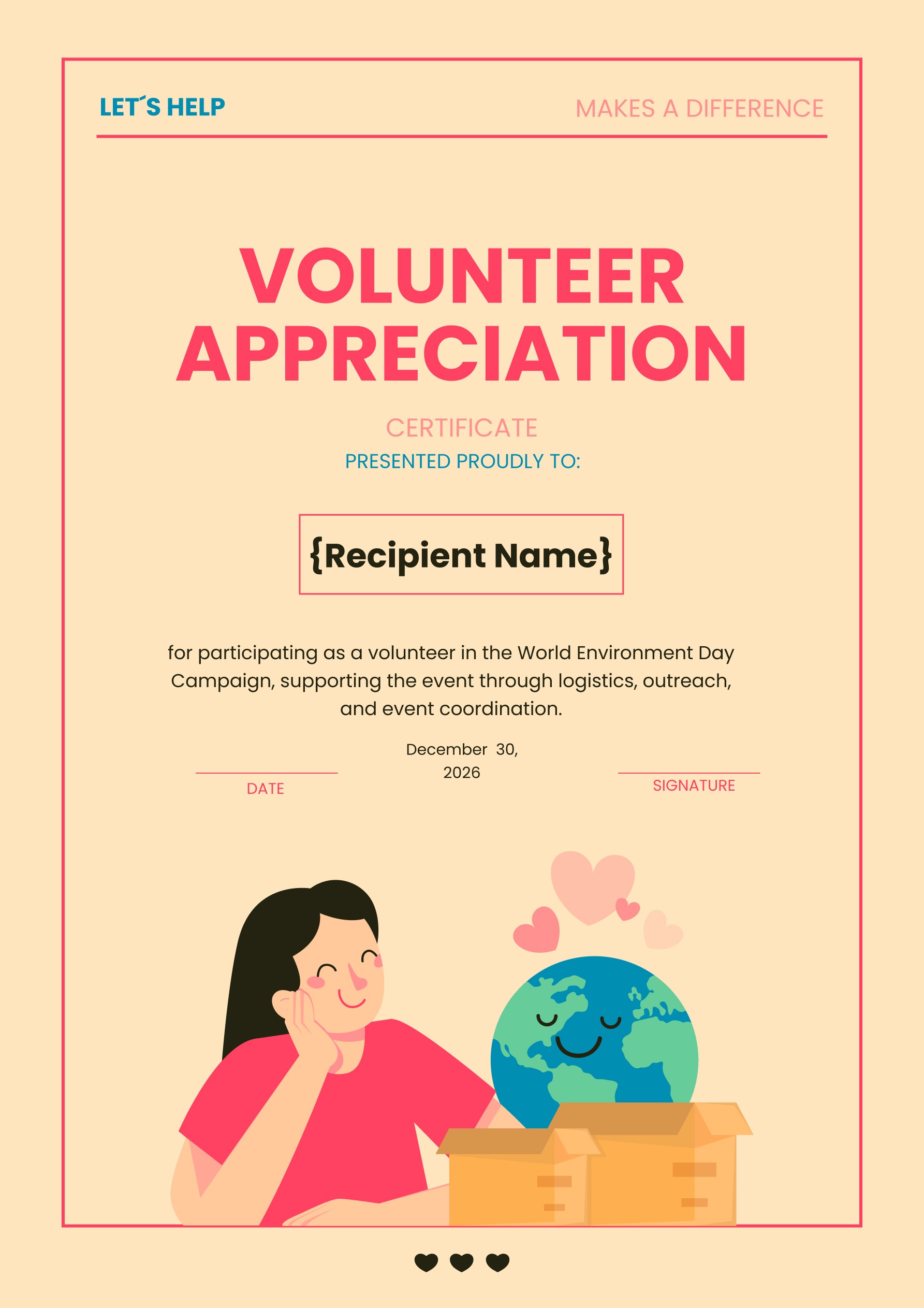 Wauld - Vibrant and animated volunteer appreciation certificate template