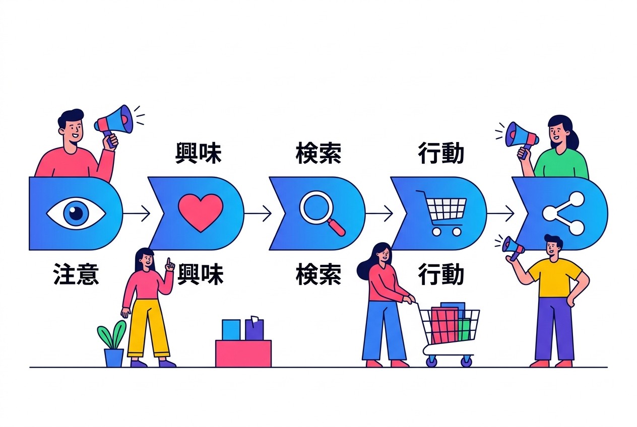 AISASモデルの購買行動5段階。従来のAIDMAと異なり、「検索」と「共有」が組み込まれ、デジタル時代の消費者行動をより正確に表現している。