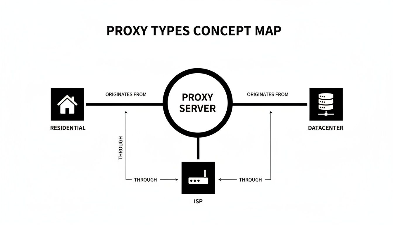 A concept map illustrating proxy types, showing how proxy servers originate from residential and datacenter connections, passing through an ISP.