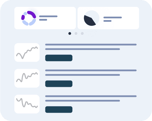 A digital dashboard interface displaying three line graph widgets with corresponding text blocks, accompanied by two circular chart elements at the top, set against a light background.