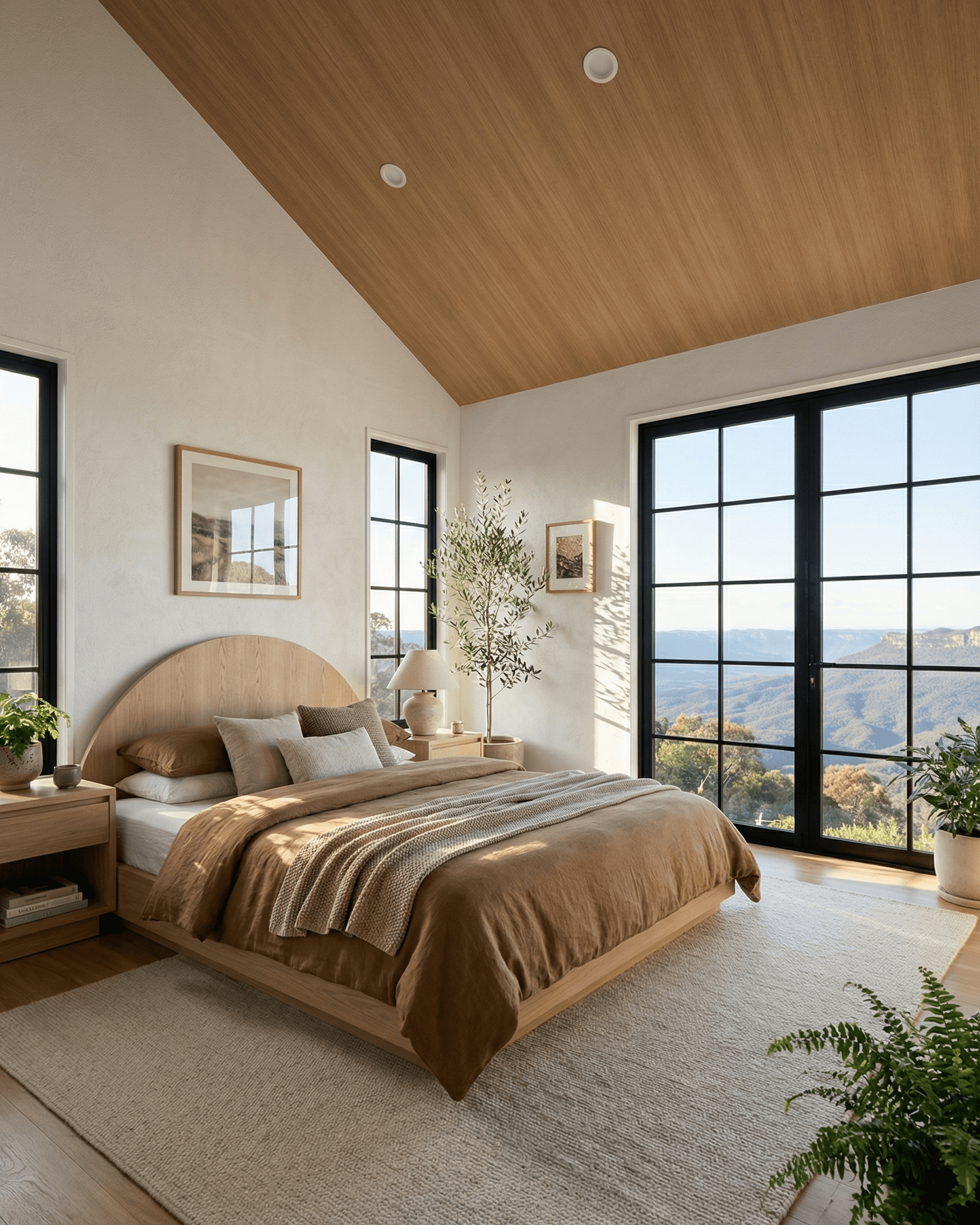 Airy cabin bedroom with curved wood headboard, large black-framed glass doors, vaulted wood ceiling, neutral bedding, and mountain views.