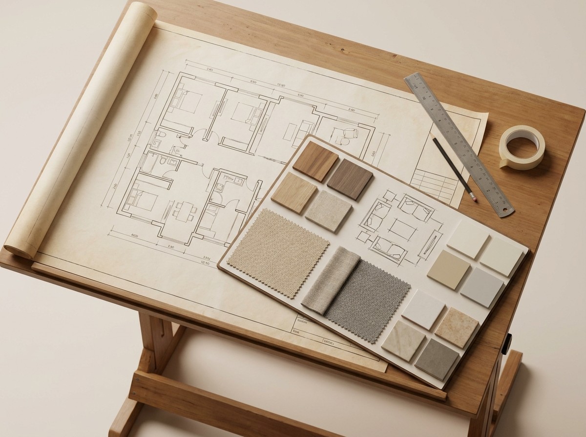 Architectural drawings and interior design specification board side by side on a drafting table