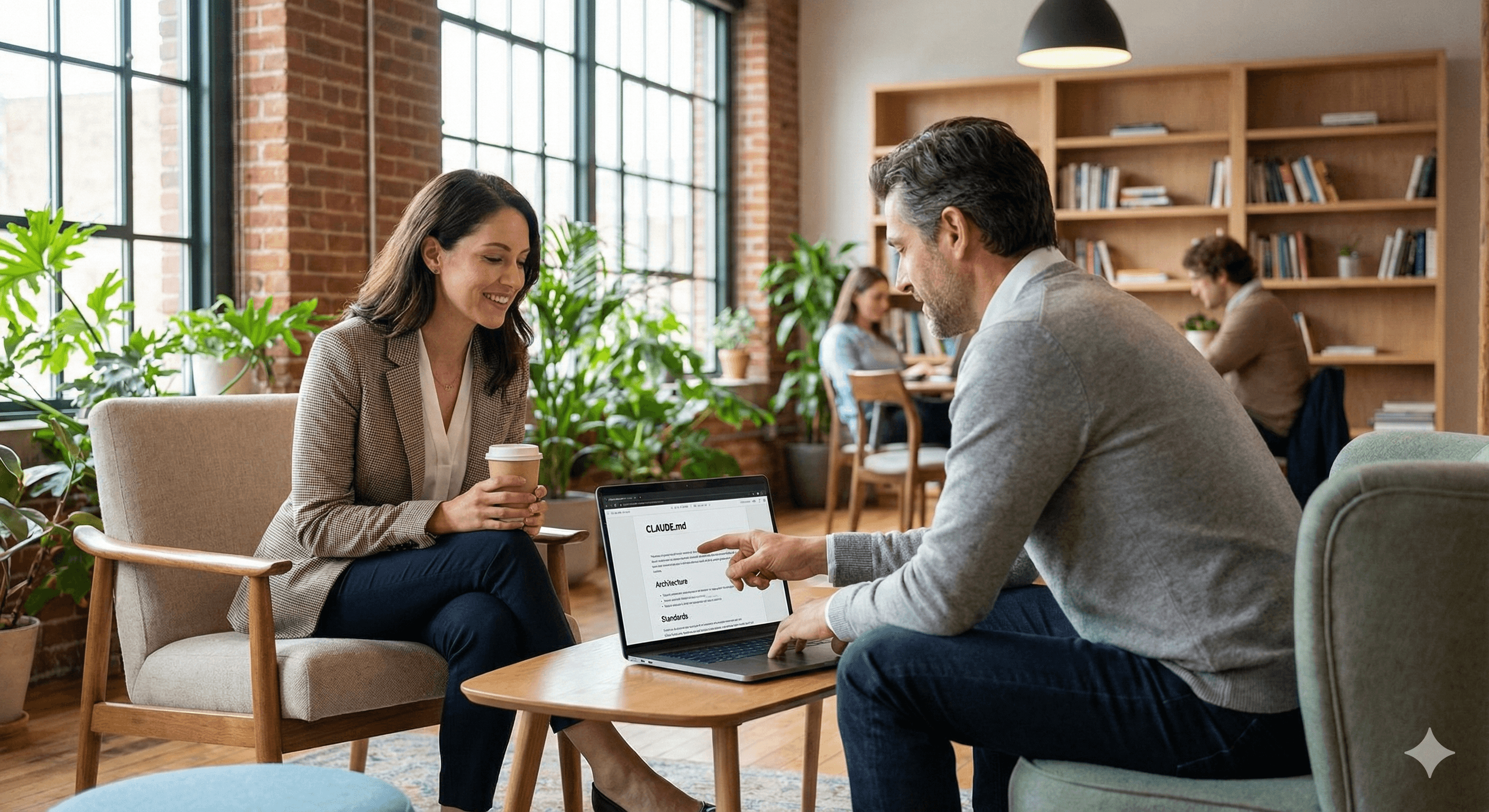 A man and a woman sit in a cozy, modern office lounge with large windows, discussing documents on a laptop screen amid a backdrop of lush indoor plants and bookshelves, reflecting the collaborative atmosphere of the Agentic AI Foundation.