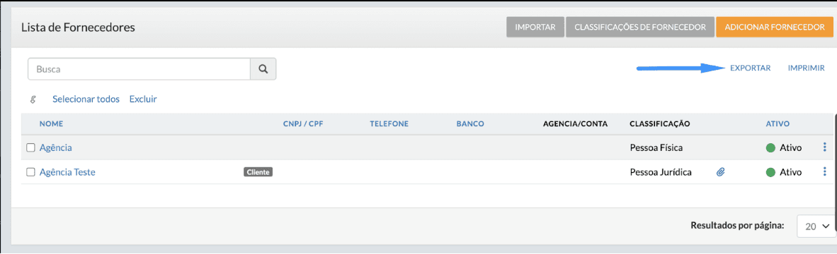 Clientes e Fornecedores: Inclusão da coluna Classificação na exportação