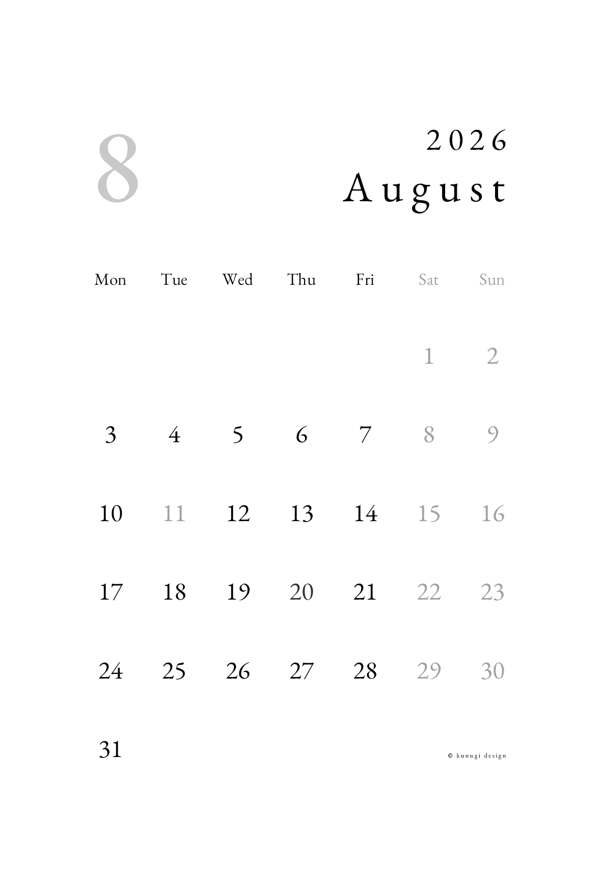 2026年8月カレンダー