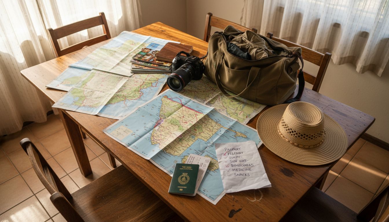 Table with safari prep gear and documents