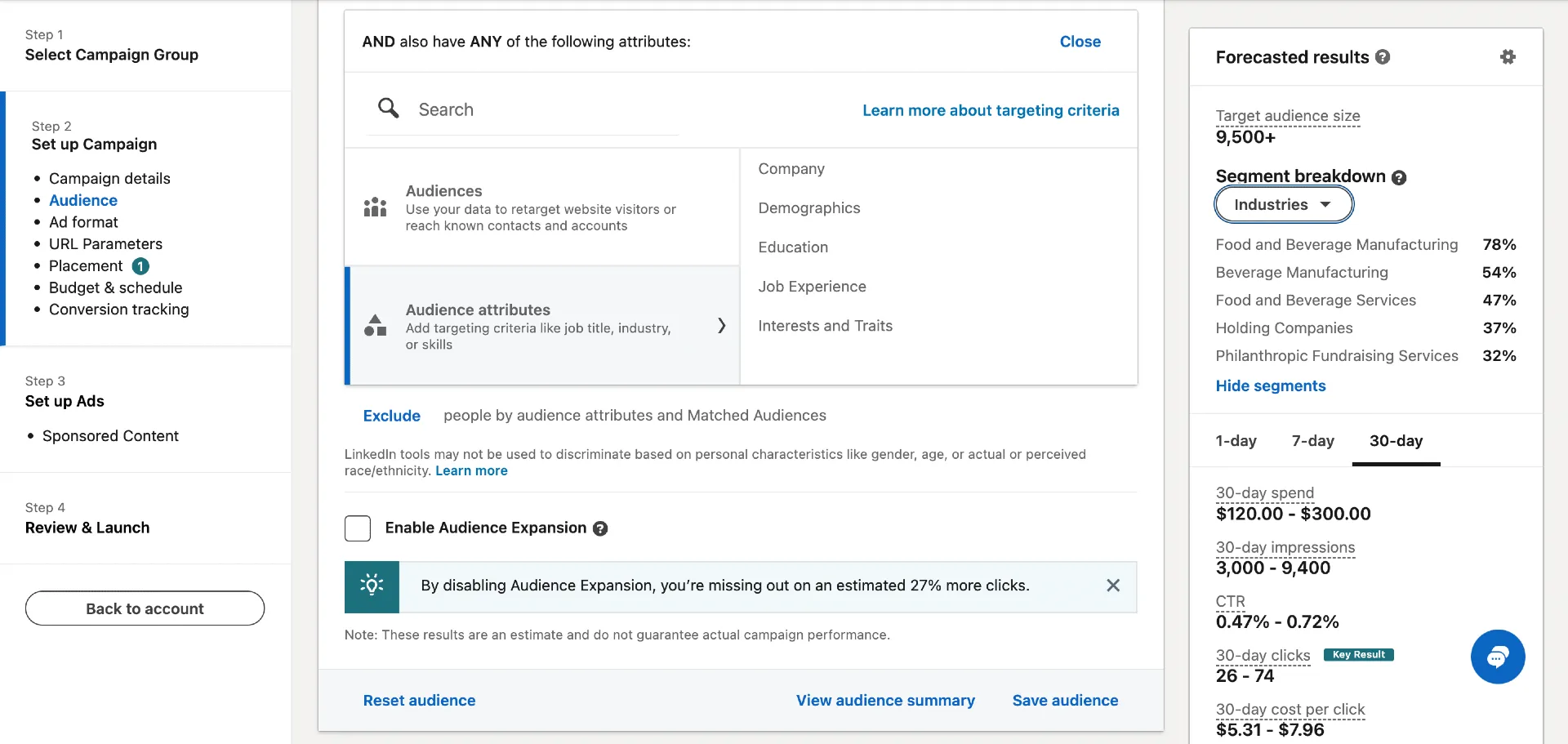 A user interface showing LinkedIn Ads targeting options