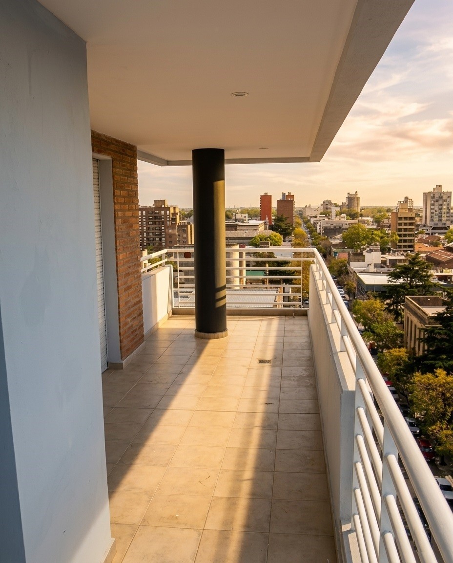 Edificio de departamentos con revestimiento blanco y lateral de ladrillo visto, balcones corridos y cochera en planta baja, Edificio Alas, Rosario