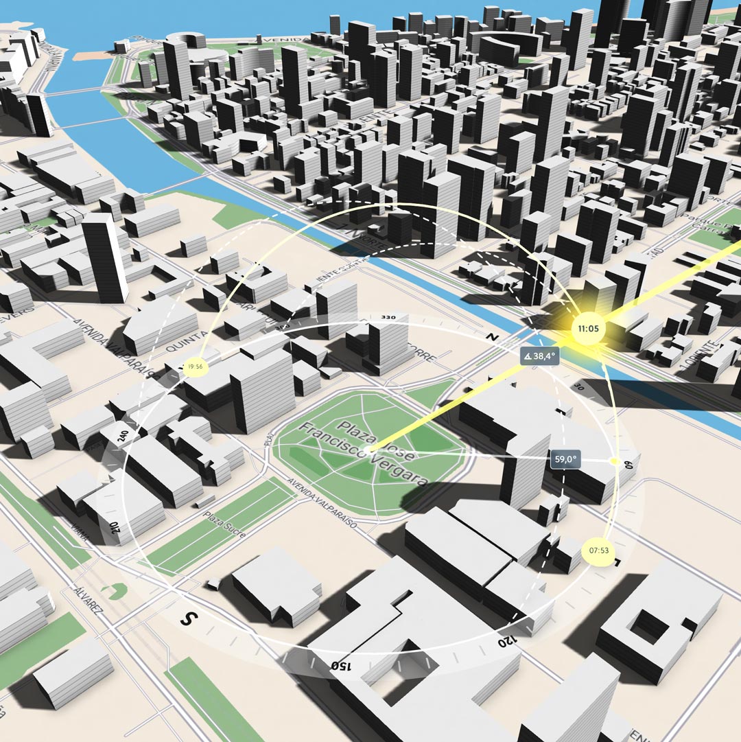 Captura de tela do Shadowmap de Valparaíso com níveis de piso e trajeto solar ativados