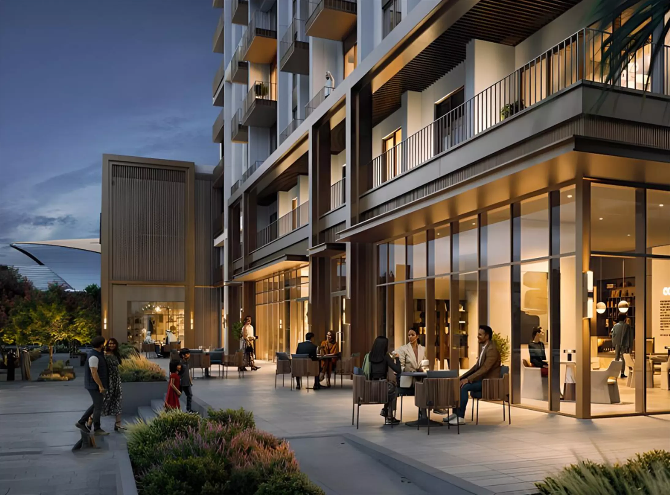 People enjoying al fresco dining at the retail and café spaces of Emaar Altus in Dubai.