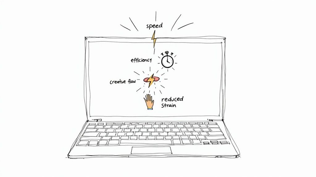 A professional video editing setup with multiple monitors showing Adobe Premiere Pro's timeline and a keyboard in the foreground.