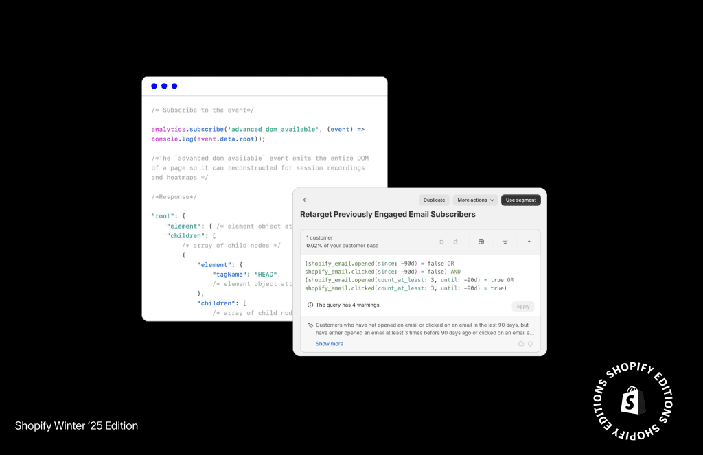 Code-Snippet für ein Shopify Customer Event neben einem Segment zum Retargeting aktiver E-Mail-Abonnenten