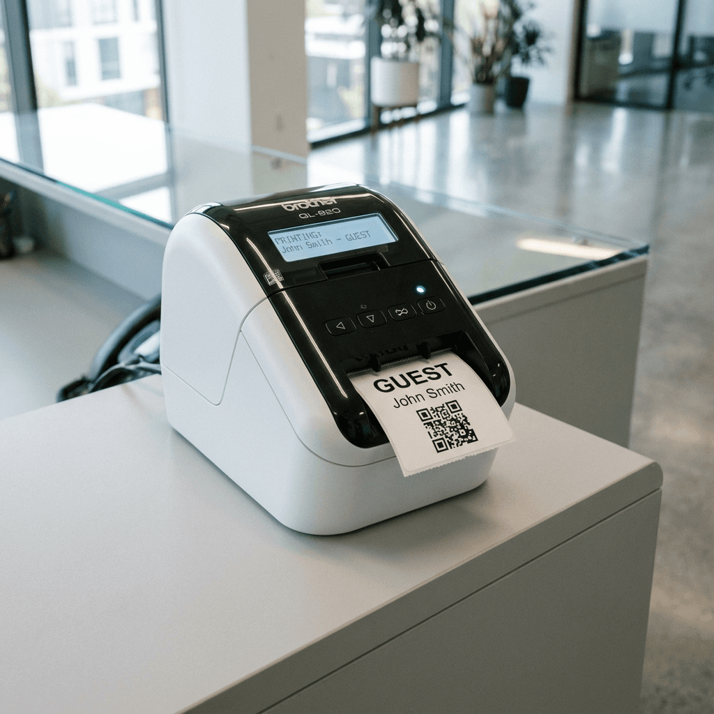 Brother QL820 Drucker am Empfang druckt Besucherausweis über anny aus