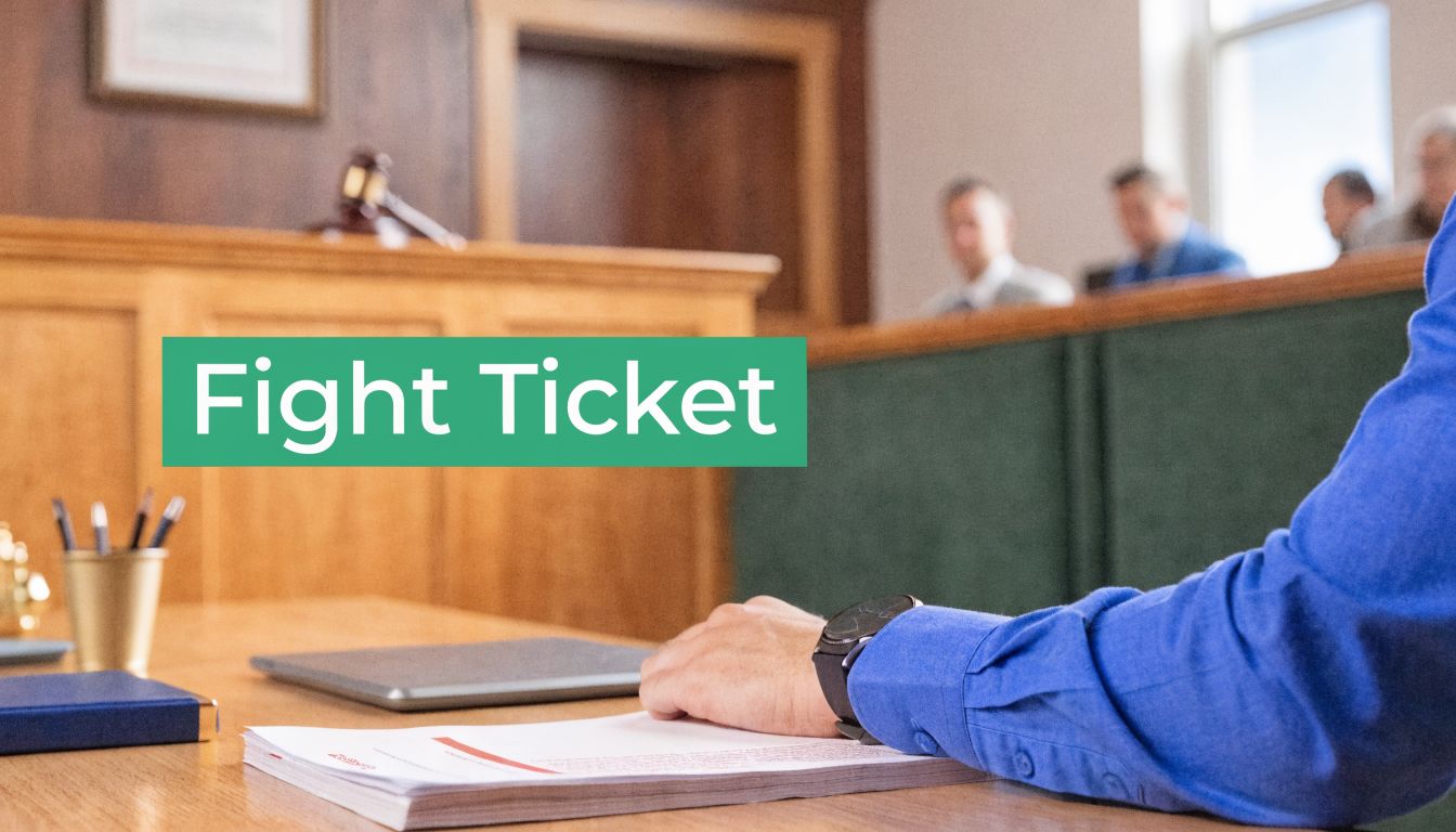 A person in a blue shirt sits at a desk with legal documents in a courtroom setting.