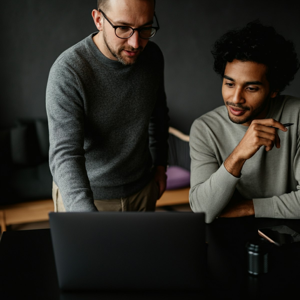 Two men discuss a project while standing at a laptop in an office.