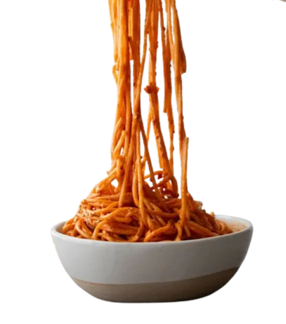 Spaghetti coated in red sauce being lifted high from a ceramic bowl against a black background.