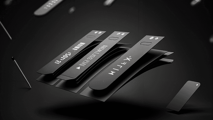 A futuristic, abstract composition featuring sleek, black digital interface elements resembling curved screens or smart wristbands. Each element displays bold, modern typography, icons, and symbols. The curved screens appear to be floating or bending in mid-air, creating a sense of movement. The background is dark with additional floating objects, including a stylus and a small rectangular device, enhancing the high-tech aesthetic.