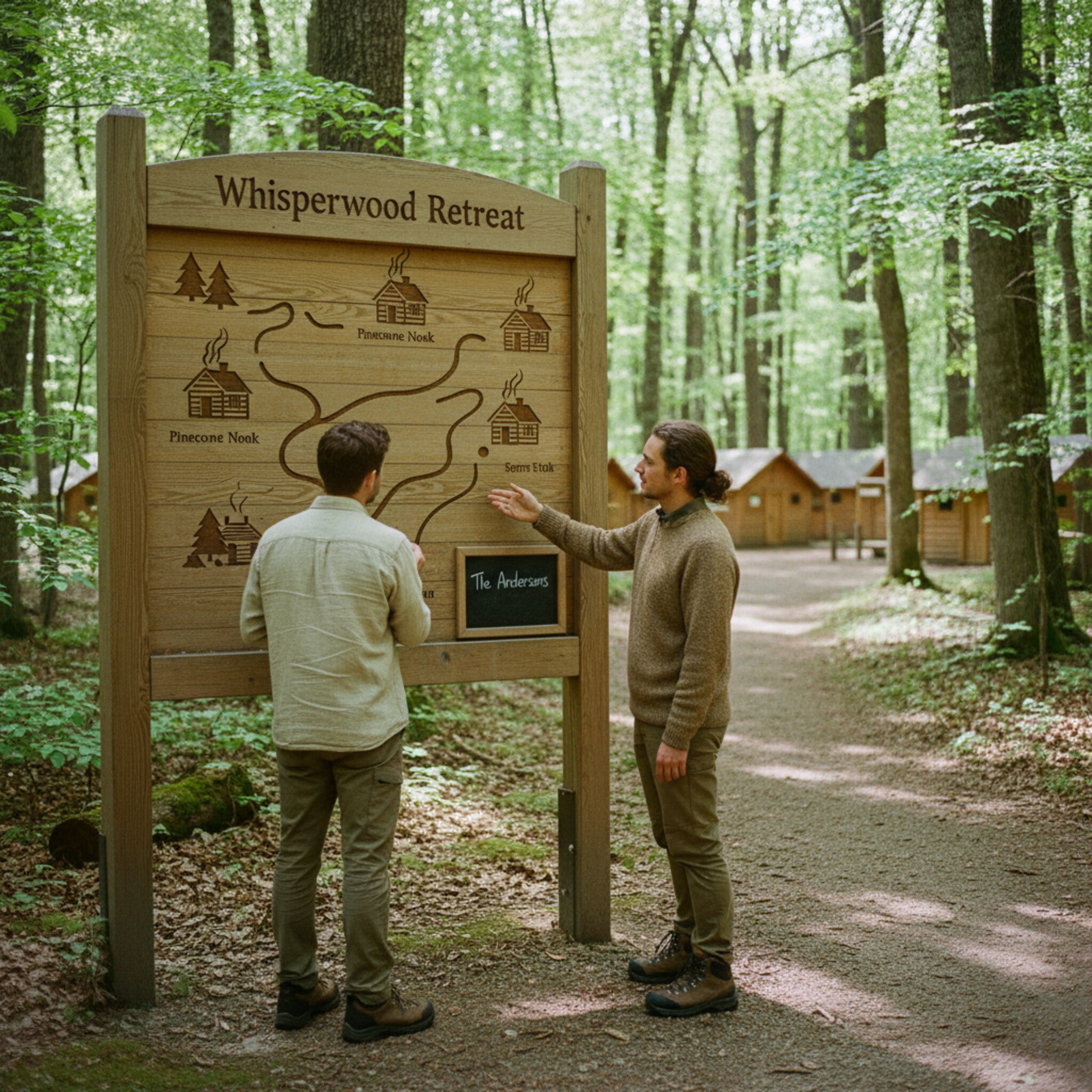 Eine große Geländeübersicht aus Holz steht am Rand einer Lichtung, Wege und Häuser sind klar markiert. Eine Person zeigt auf eine Hütte, während eine andere Namen auf eine kleine Tafel schreibt. Vögel zwitschern, Blätter bewegen sich im leichten Wind. Orientierung fällt spürbar leicht.