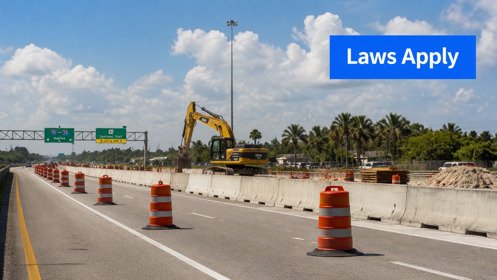 A yellow excavator working behind concrete barriers on a Florida highway construction site under a sunny sky.