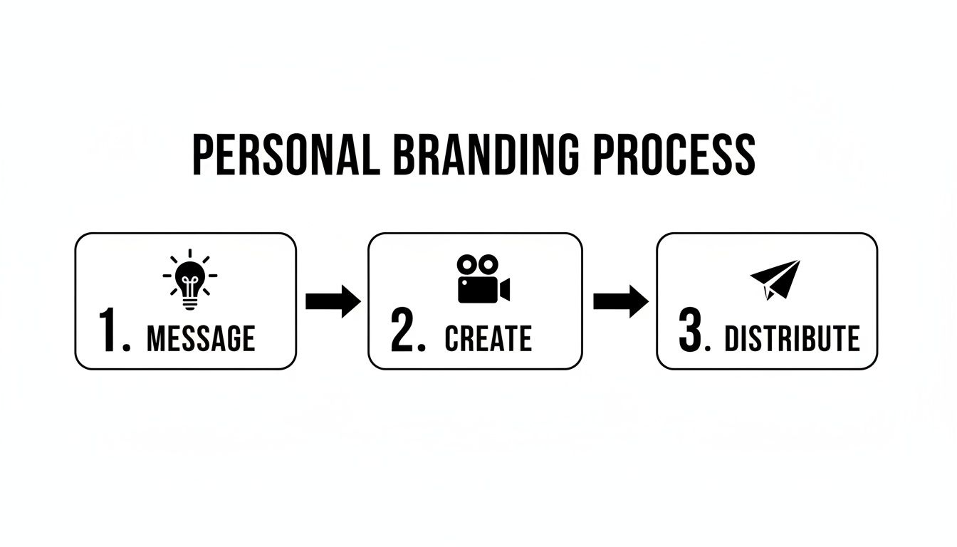 A flowchart outlining the personal branding process: message (idea), create (video), and distribute (paper plane).