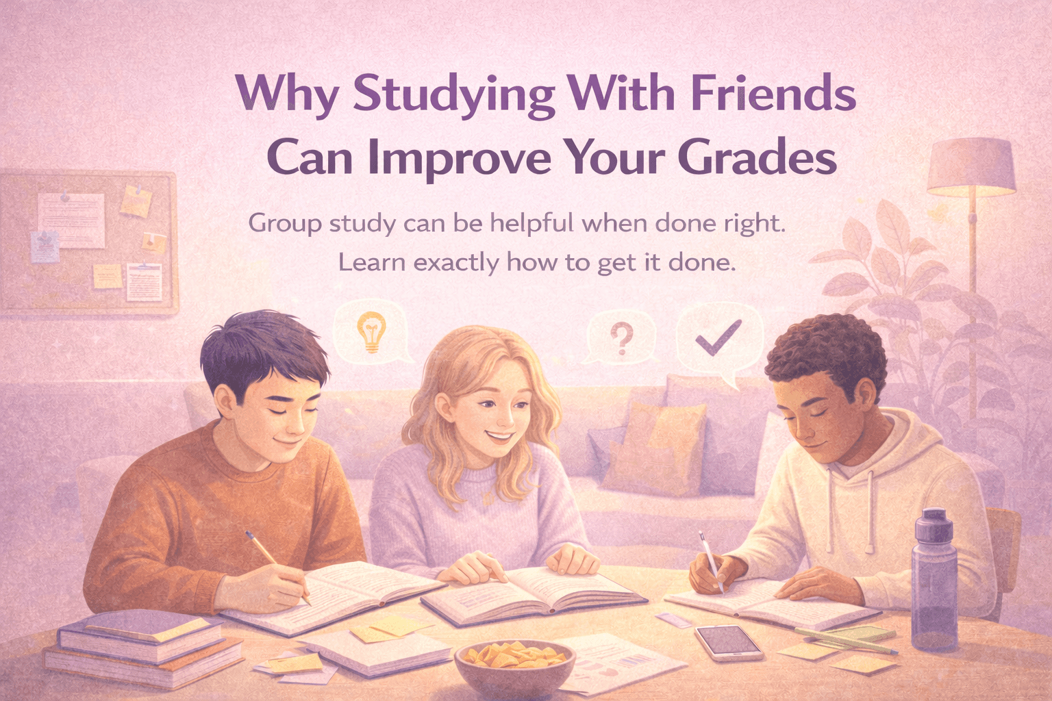 Three students studying together at a table, sharing notes and ideas, showing how group study can help improve grades.