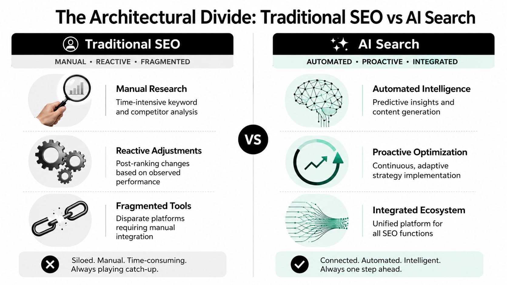 A comparison chart showing differences between manual traditional SEO and automated AI-driven search engine optimization strategies.
