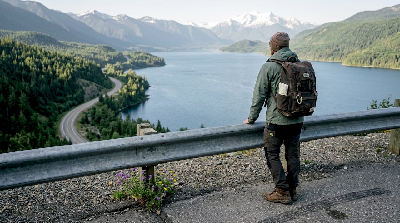 Traveler overlooking Patagonian lake and mountains