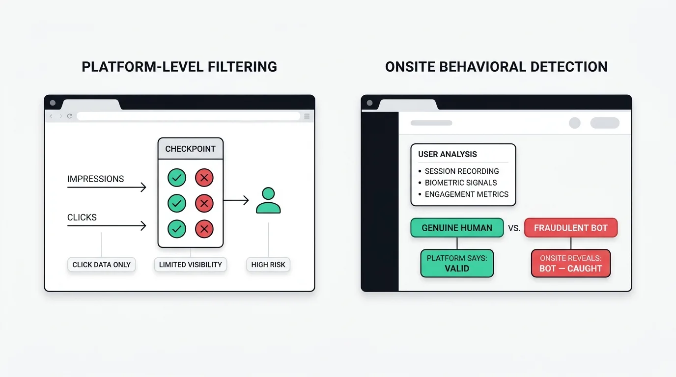 Platform-level filtering that sees only clicks compared with onsite detection of post-click behavior, green and red accents, clean flat style