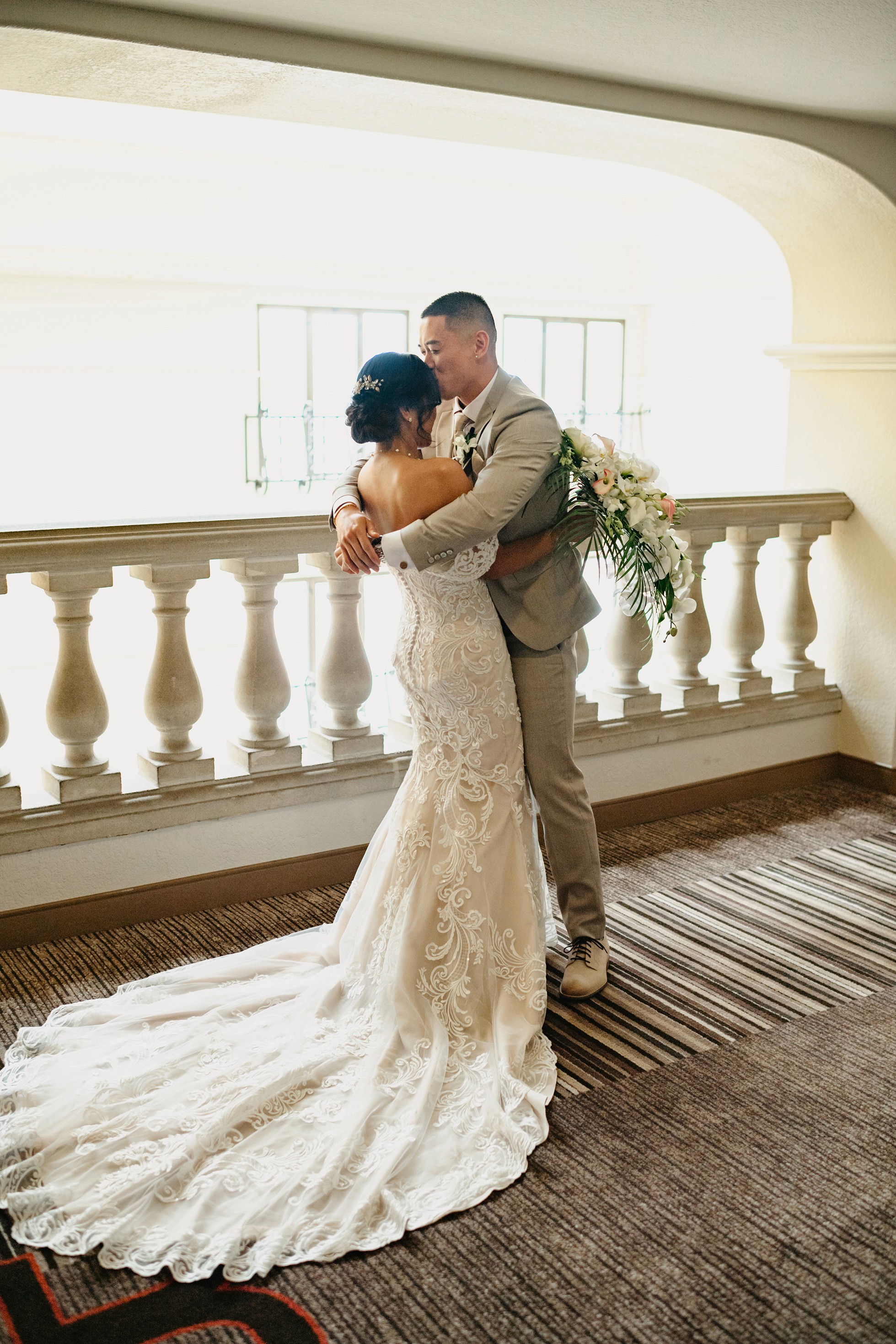 Bride and groom balcony portraits at a Westlake Village hotel
