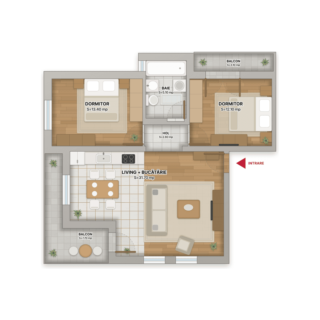 Plan mobilat apartament 3, bloc C1, Cetății Residence Bistrița – living cu bucătărie, două dormitoare, baie și două balcoane