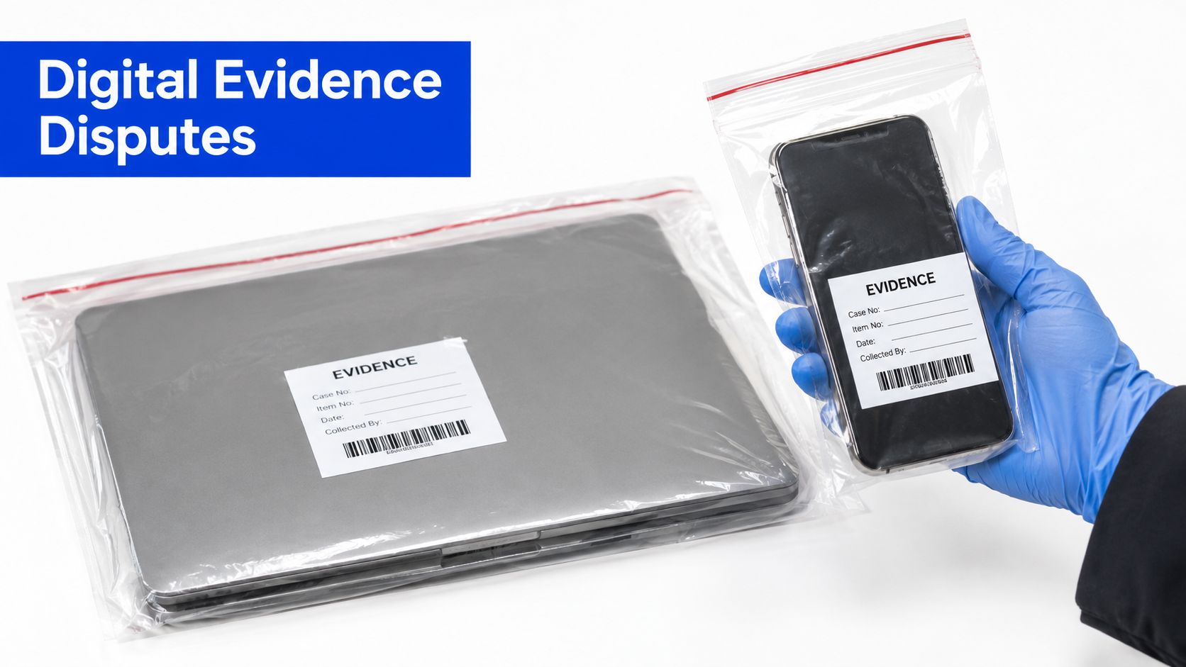 A hand wearing a blue medical glove holds a phone inside an evidence bag next to a laptop.