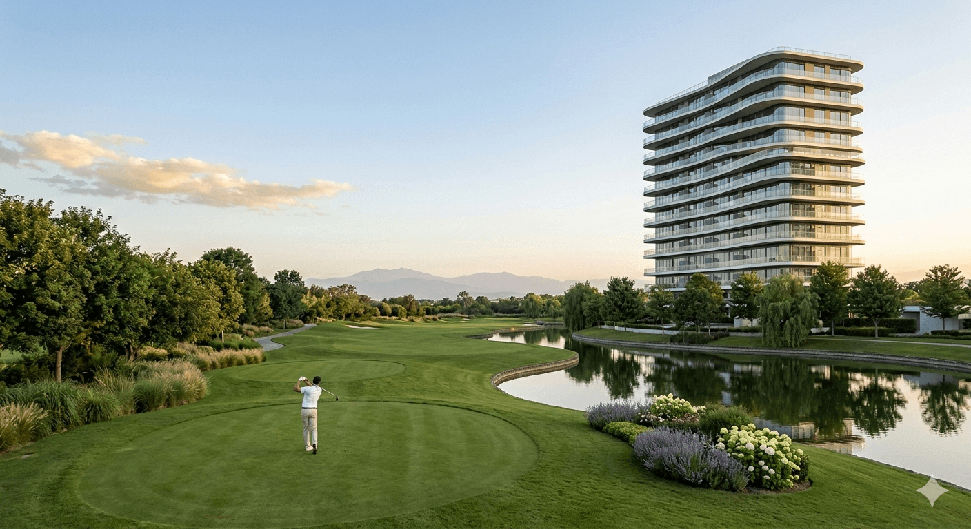 Luxury high-rise apartment overlooking a lush green 9-hole golf course in Sector 65 Gurugram.