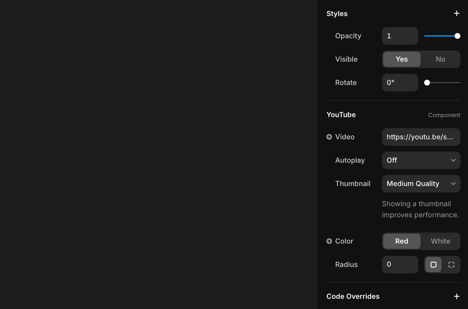 Screenshot of the right menu that show the different options of the Youtube component inside Framer.