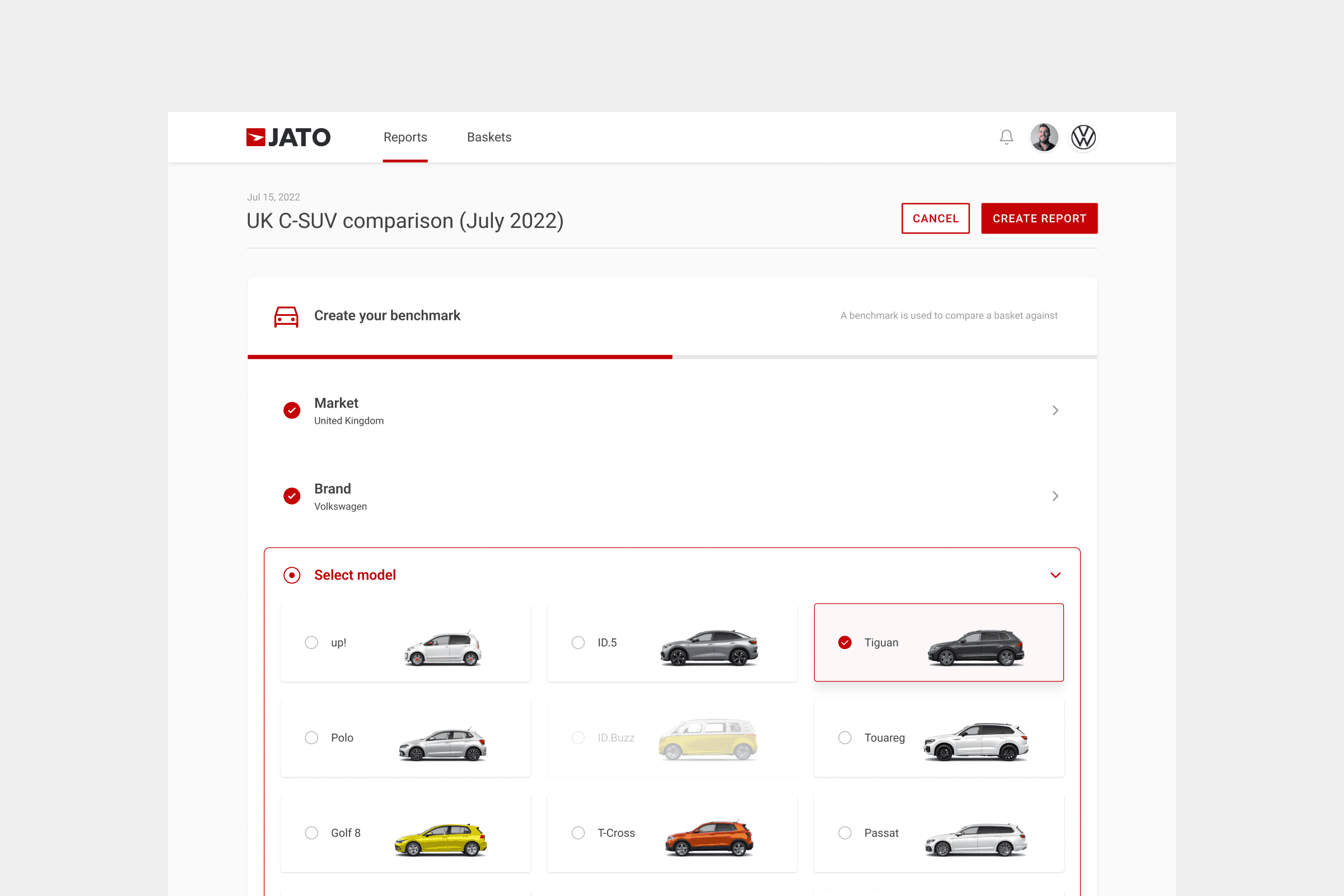 JATO benchmark creation screen for UK C-SUV comparison with market, brand and model selection showing Volkswagen range