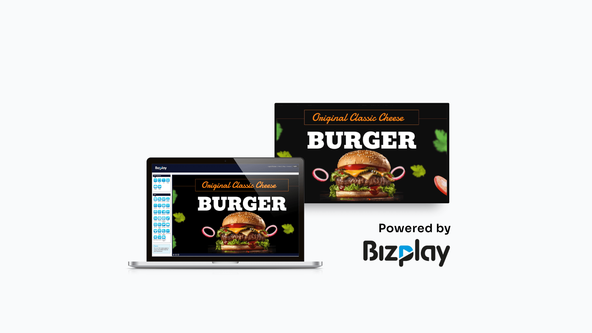 Digital signage content created and managed in Bizplay software, shown on a laptop dashboard and published to a restaurant menu display screen.