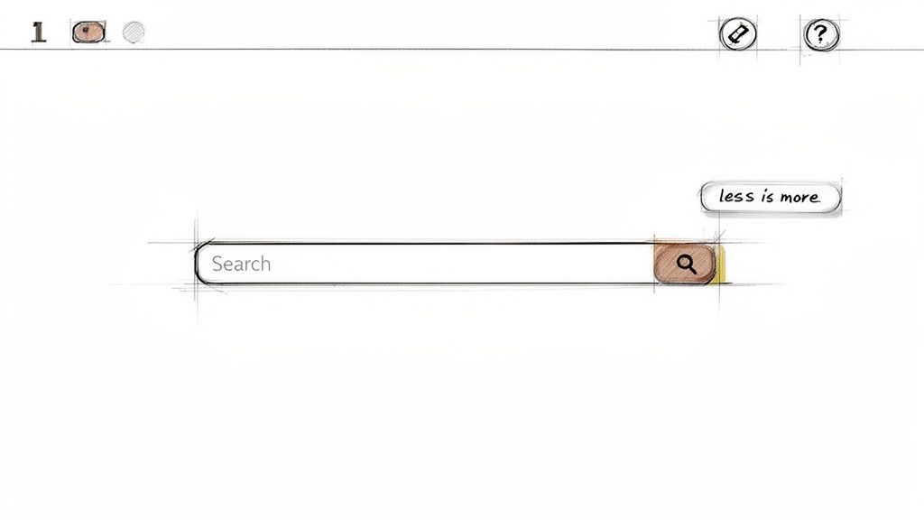 Hand-drawn UI sketch of a minimalist search bar with a magnifying glass and 'less is more' text, highlighting UX principles.