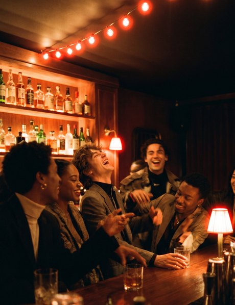Friends laughing along a bar
