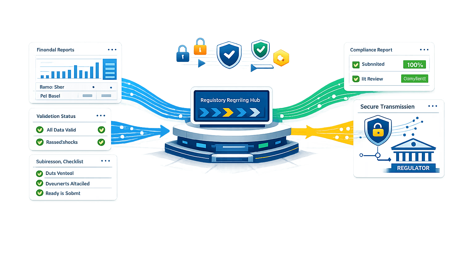Ilustrasi regulatory reporting & secure compliance pipeline terintegrasi. Di tengah terdapat Regulatory Reporting Hub sebagai pusat orkestrasi. Dari sisi kiri, financial reports, validation status (semua data valid), dan submission checklist mengalir melalui jalur biru menuju hub. Di sisi kanan, alur hijau–kuning menunjukkan compliance report dengan status Submitted 100%, serta secure transmission menuju regulator (ikon gedung) yang dilindungi perisai dan enkripsi. Ikon gembok, perisai, dan centang menegaskan keamanan, validasi, dan kepatuhan end‑to‑end.