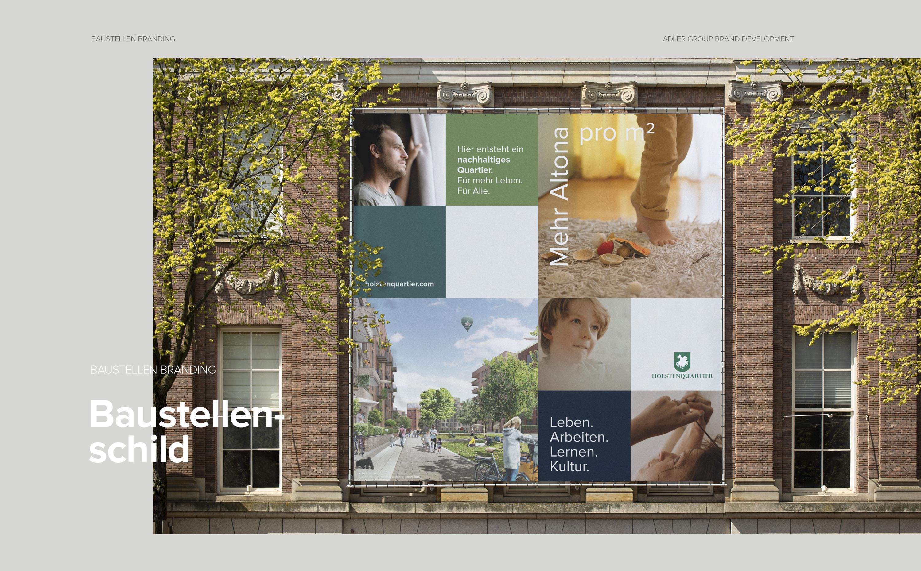 Außenkommunikation der Adler Group – Branding-Elemente im städtischen Raum, umgesetzt in der visuellen Sprache des Corporate Designs.