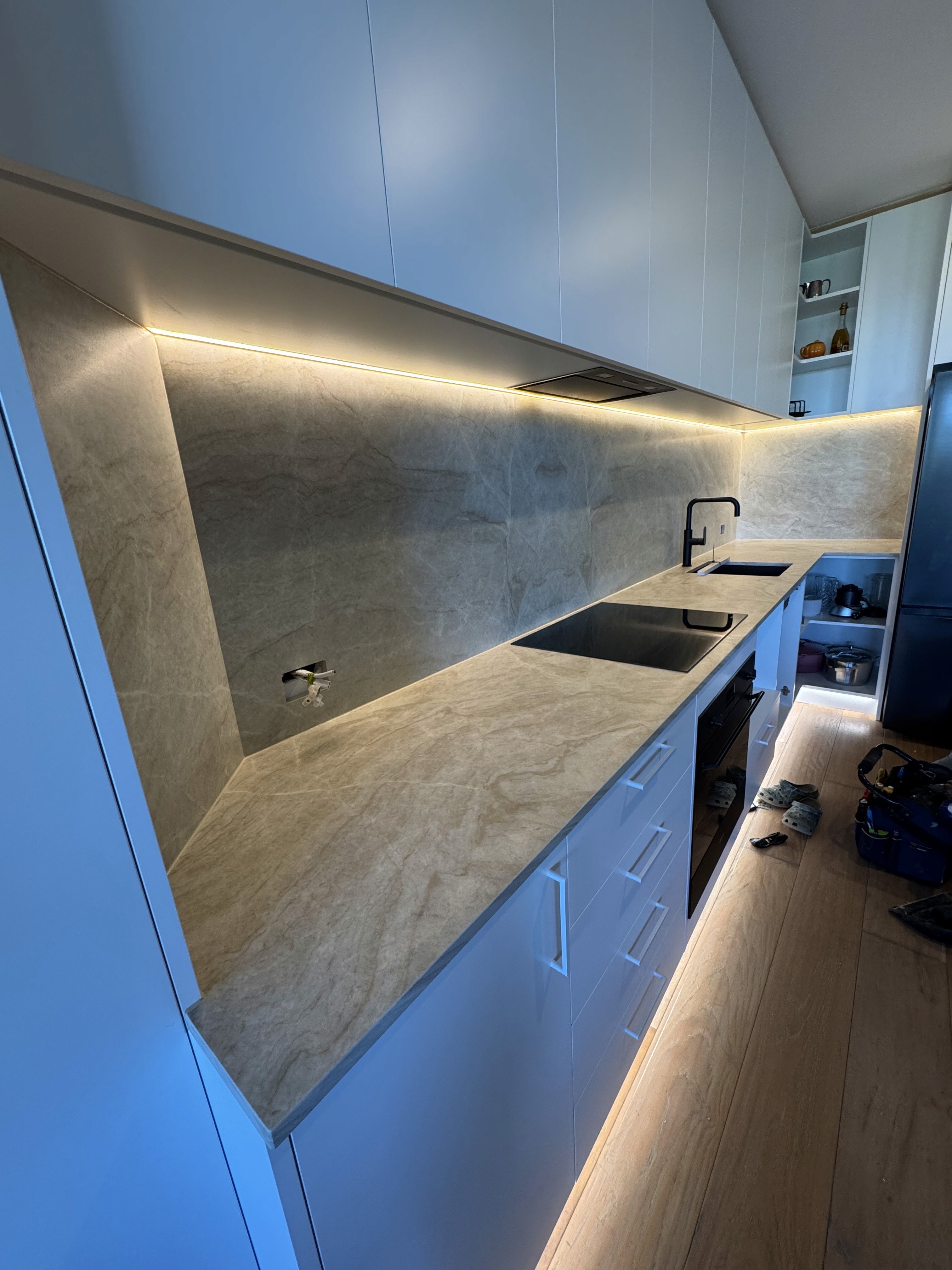 Custom Taj Mahal stone kitchen benchtop and splashback in Coolangatta
