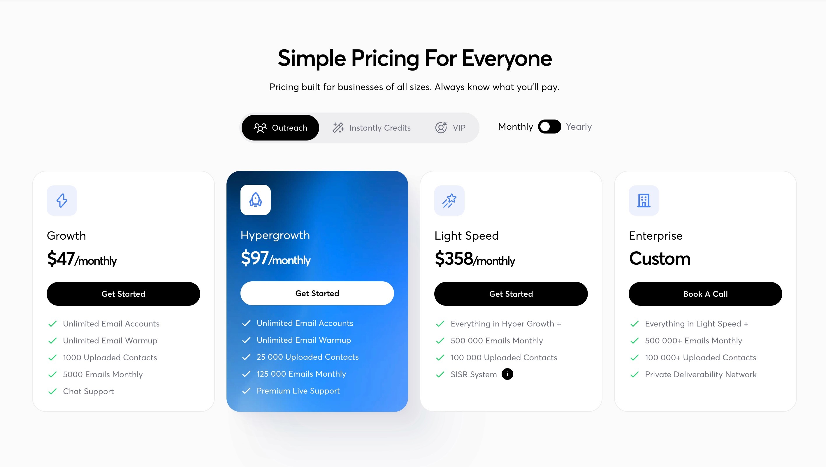 Instantly, the pricing page showing the Growth and Hypergrowth allowances side by side