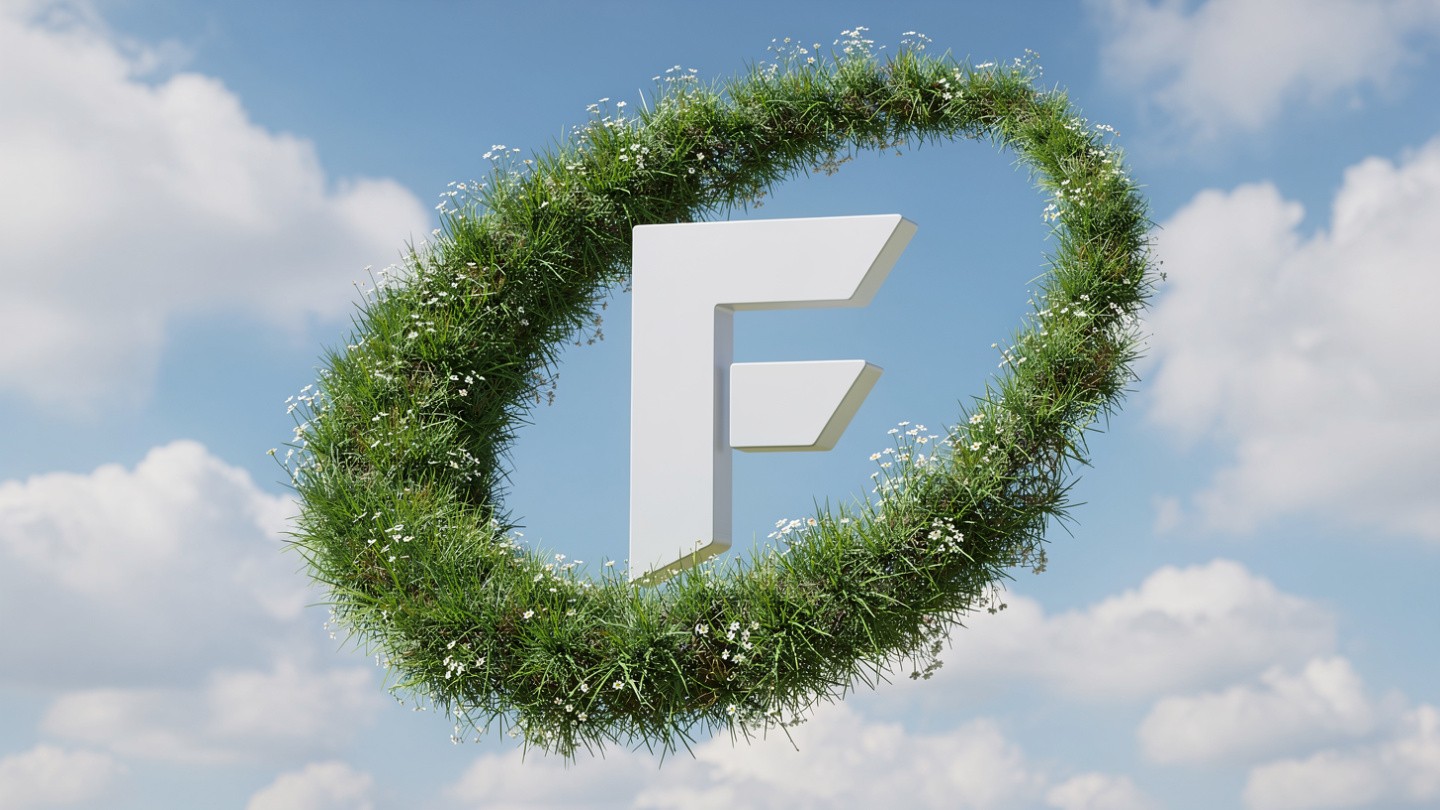 A large letter "F" made of white material stands against a backdrop of a green grassy swirl adorned with small white flowers under a partly cloudy sky.
