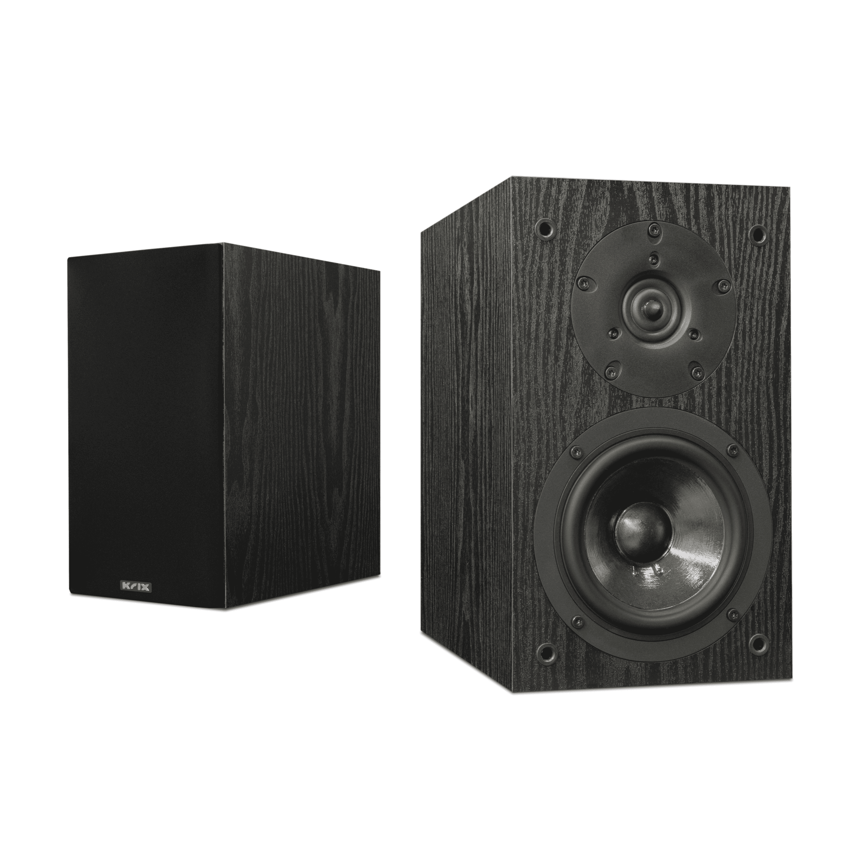 Two black wood-grain bookshelf speakers.